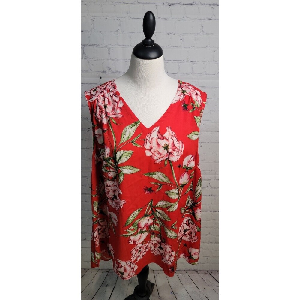 c&e Sleeveless Red Pink Floral Tank size 2XL Keyhole V Neck Peony-like Flowers